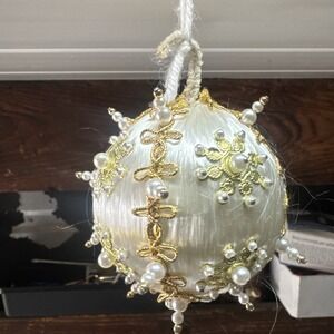 Vintage Ivory Satin Gold Sequin Pearl Beaded Ornate Christmas Ornament